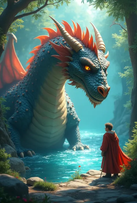 A large, yet friendly-looking dragon guards the river. The dragon is smiling but serious, presenting a riddle to King Leo. The scene is magical, with the dragon’s scales shimmering in the light of the enchanted forest for kids
