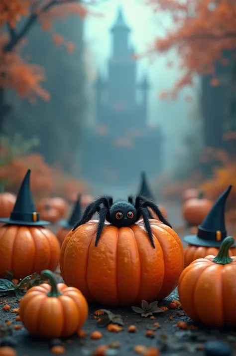 halloween themed background from another dimension with cute pumpkins being sat on by cute little furry spiders and witch hats