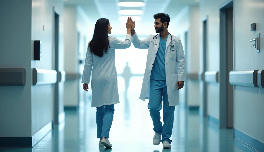 Indian Lady doctor waving bye to indian male doctor in hospital while walking in opposite direction 