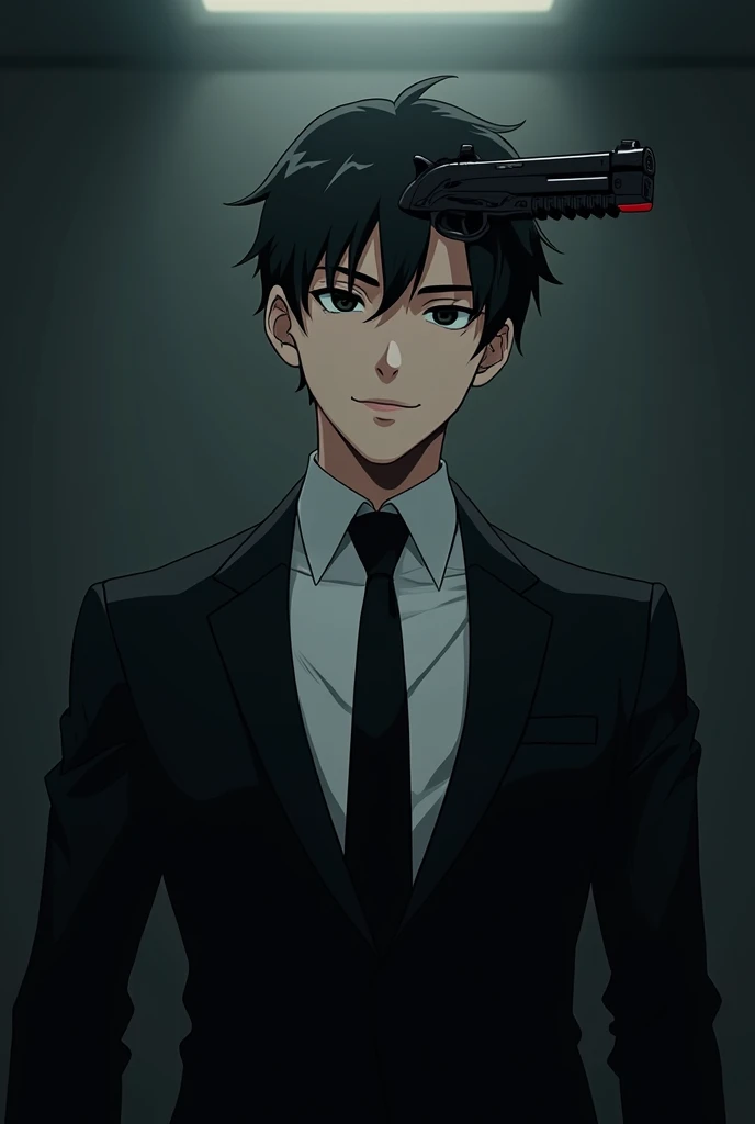 A handsome boy dressed like an agent . Has a gun coming out of his forehead . Anime . Gore