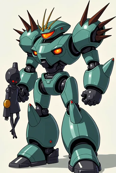 Create a Megaman-style robot with a laser-style hand gun pointing forward as if it were going to shoot, cartoon-style, and also put some missiles on the shoulders and a doll with dark clothing instead of blue, his hand is a cannon and the missiles stand ou...