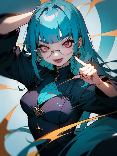 villain、Earrings、Fangs growing、Large glasses、Straight bangs、Small breasts、Turquoise Hair、red eyes、, 最high quality, high quality, masterpiece, Character portrait, Dutch Angle, Illustration, 
