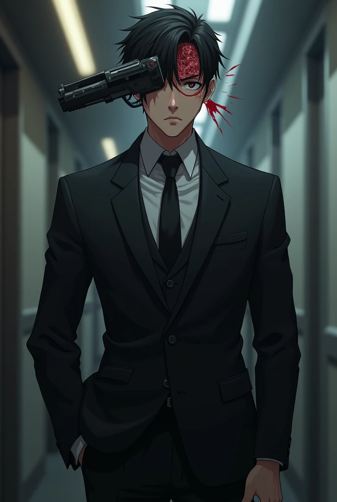 A handsome boy dressed like an agent . Has a gun coming out of his forehead like in chainsaw man . Anime . Gore