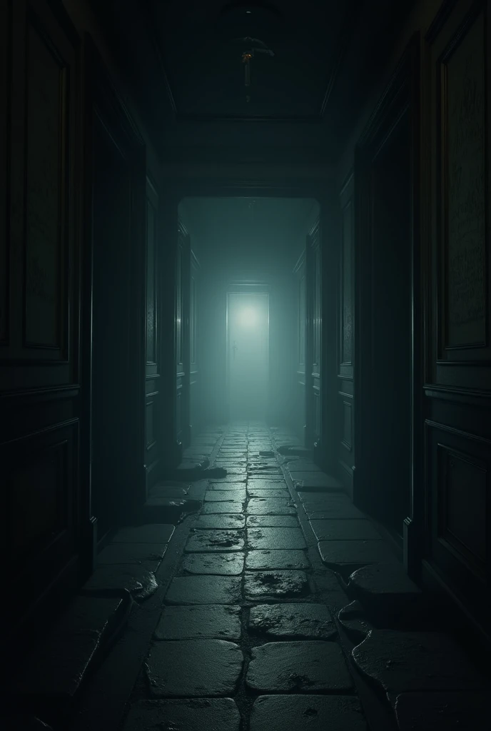 In the background, distant dark hallways seem to stretch endlessly into the mansion, filled with creeping shadows and an unsettling silence.