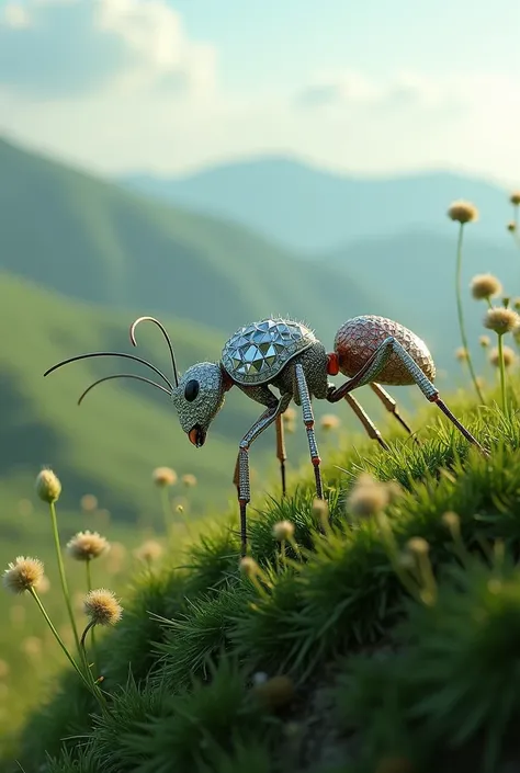 An ant wearing diamond armour standing on top of hill