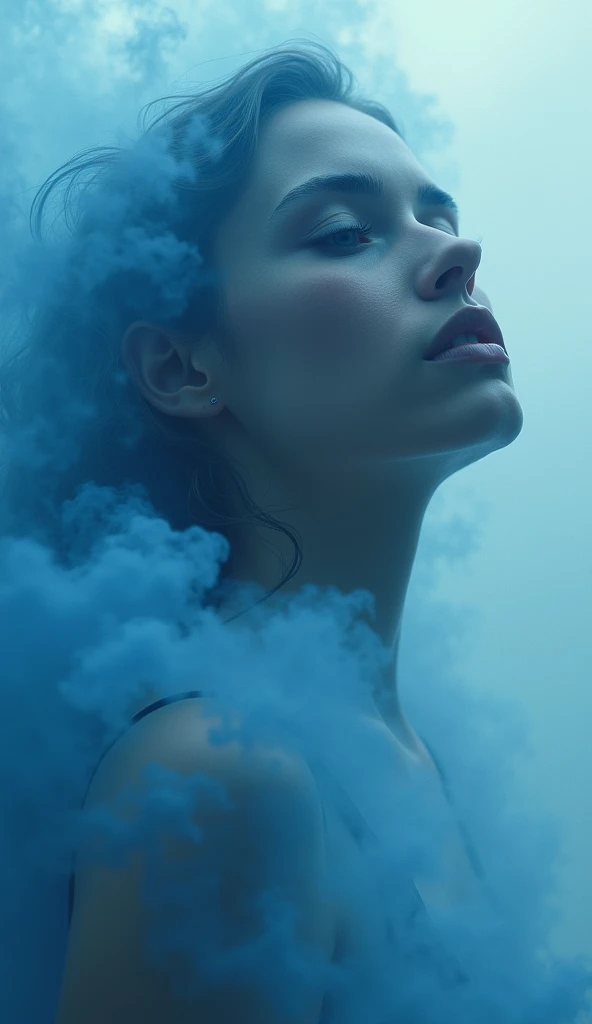 a woman is seen with blue smoke hanging up, her face, in the style of hyperrealistic compositions, fluid dynamic brushwork, trace monotone, light-filled, highly detailed, hyper-realistic water, high resolution