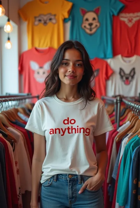 "Imagine a scene with a stylish girl wearing a Regal Tees t-shirt plain t-shirt I can do anything written on it. The backdrop features an array of amazing t-shirt designs, with the iconic Regal Tees logo beautifully showcased on the back wall. A perfect bl...