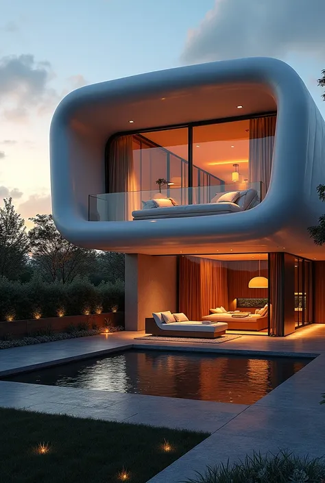 Modern designer house、A seamless blend of design and comfort、evening時に通りに溢れる暖かい光の輝き、A perfect balance between unconventional and practical、Smooth curves、(Best Quality、4K、8k、High resolution、masterpiece:1.2)、Super detailed、(Real、Photorealistic、Photorealistic...