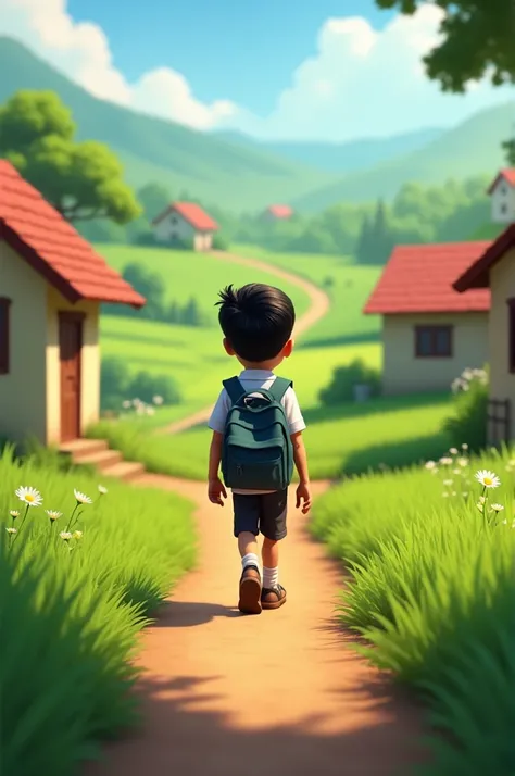 
3. Mohit, wearing his school uniform, walking down a narrow path surrounded by green fields and small houses, carrying his school bag.