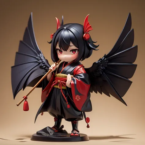 full body display、Japanese Yokai、Crow Tengu、Crow Face、Wearing Yamabushi clothing、It has wings、In her left hand she holds a folding fan made from bamboo skin.、He holds a staff in his right hand、Body facing forward、Looking straight ahead、