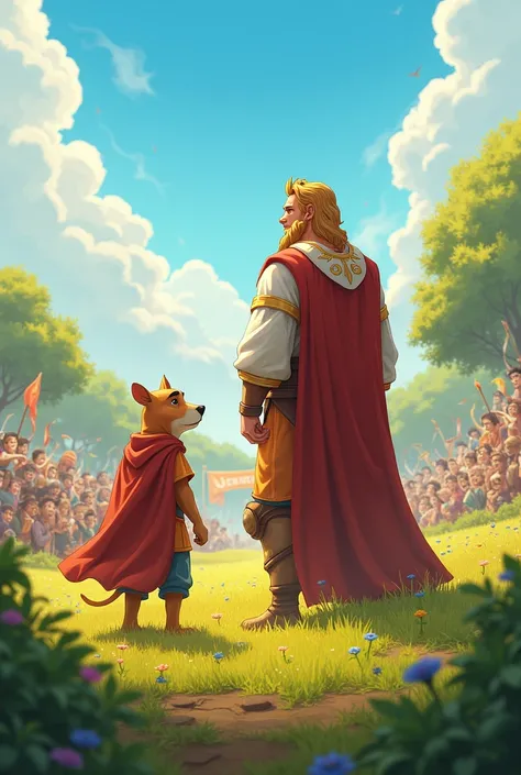 Back in the kingdom, the crops are now lush and green, the sky is clear, and people are celebrating. King Leo and Max stand proudly, watching their happy kingdom flourish once again. The atmosphere is joyful and full of color