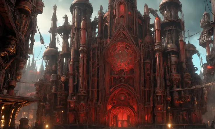 a warhammer 40k mechanicus temple to the omnissiah, gothic city, steampunk, pristine temple with bronze gears and stained glass, (best quality,4k,8k,highres,masterpiece:1.2),ultra-detailed,(realistic,photorealistic,photo-realistic:1.37),intricate details,c...