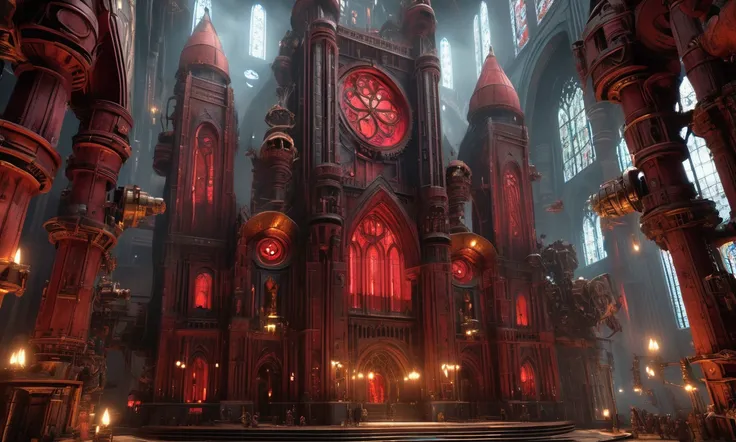 a warhammer 40k mechanicus temple to the omnissiah, gothic city, steampunk, pristine temple with bronze gears and stained glass, (best quality,4k,8k,highres,masterpiece:1.2),ultra-detailed,(realistic,photorealistic,photo-realistic:1.37),intricate details,c...