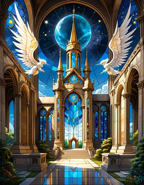 a architectural design of a celestial temple with angelic wings, towers, bridges, turrets, gates stained glass windows,