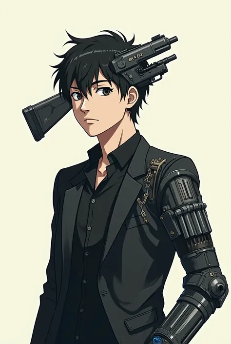 A handsome boy who has a gun instead of a head and right arm anime