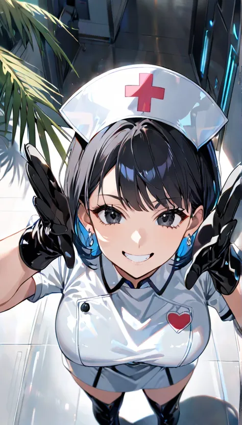 A woman is standing,Five fingers,Hands stretched out in front,Showing palms,Palm Zoom,Palm up view,Grin,Black Hair,Hair has a light blue inner color,Short Hair,Silver earrings,Black Eyes,Patent leather long gloves,Lifted eye corners,Nurse uniform,boots,Ver...