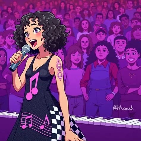 An 1 mixed race girl with curly hair sings in a black dress with a pink musical note on her dress and a checkered flag on the side of her dress. fond violet. Public on the sides watching her 