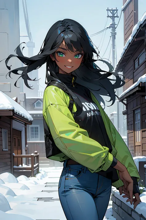 1Female, Young Adult, Black Skin, Light Green Eyes, Smile, Denim Jeans, Winter Snow Shirt, Black Hair, Long Hair, House