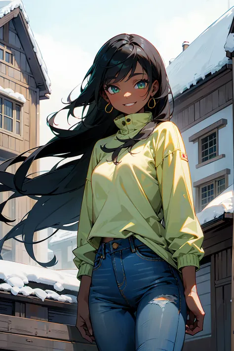 1Female, Young Adult, Black Skin, Light Green Eyes, Smile, Denim Jeans, Winter Snow Shirt, Black Hair, Long Hair, House