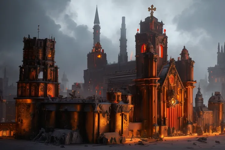 a warhammer 40k mechanicus temple to the omnissiah, gothic city, steampunk, pristine temple with bronze gears and stained glass, (best quality,4k,8k,highres,masterpiece:1.2),ultra-detailed,(realistic,photorealistic,photo-realistic:1.37),intricate details,c...