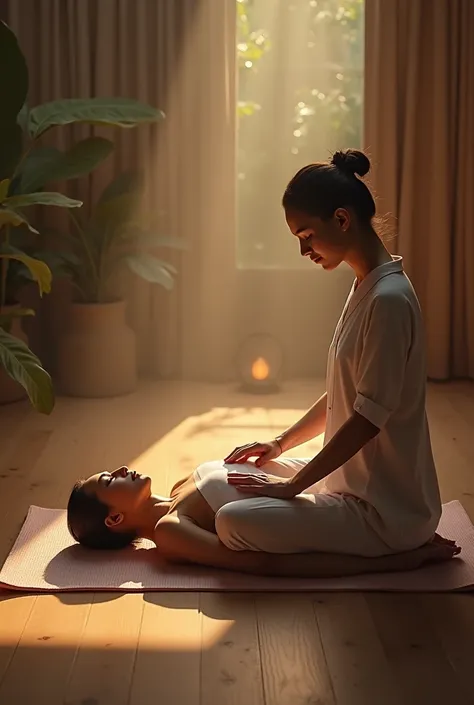 Sat Nam Rasayan treatment Patient on yoga mat and therapist sitting cross-legged touching the patient on the arm