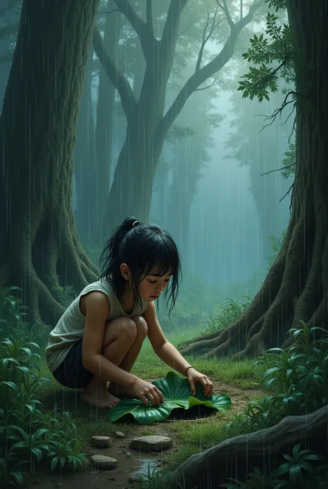 A girl puts some big leaves on a hole in the ground in a storm in the forest