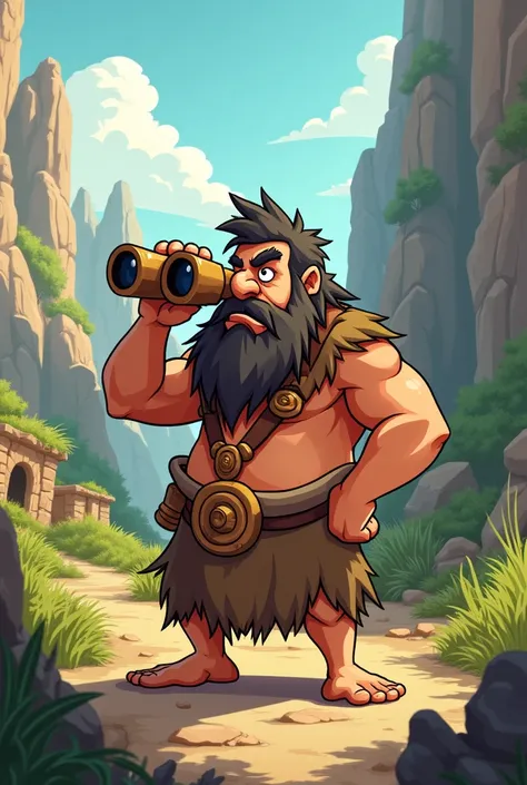 A cartoon stonegage man lookinh in binoculars
