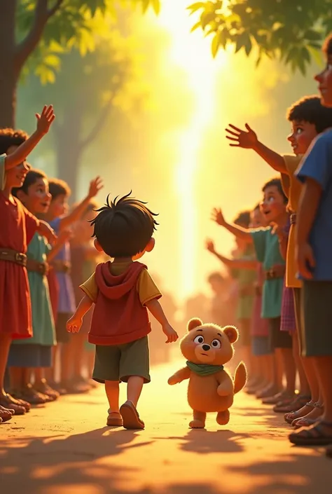 Aru, a ten-year-old boy, and Pep are returning to the village, the people of the village have come to welcome them with smiles and joy, and a golden light is spreading from the side of the forest