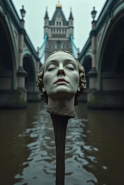 Display at London Bridge: Illustrate the grim scene of Elizabeth’s head on a spike at London Bridge, capturing the somber and chilling atmosphere.