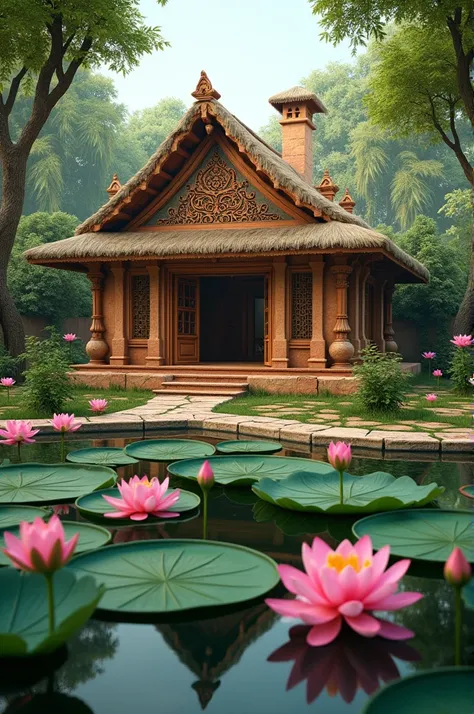 A indian cottage style 
house between lotus  pond 