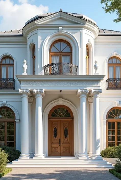 The house is in neoclassical style with a facade highlighted by pure white and large Greek-style pillars, creating a sense of grandeur and royalty. The main entrance on the ground floor is designed with large wooden and glass doors, decorated with sophisti...