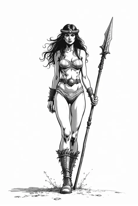 black and white ink drawing in comic style of a young slim  female wizard, teenager, fully body visible, full body drawn, very slim and narrow waist, wide hips, wearing metal headband in her hair, in the style of Frank Frazetta, hyborian age, comic style i...