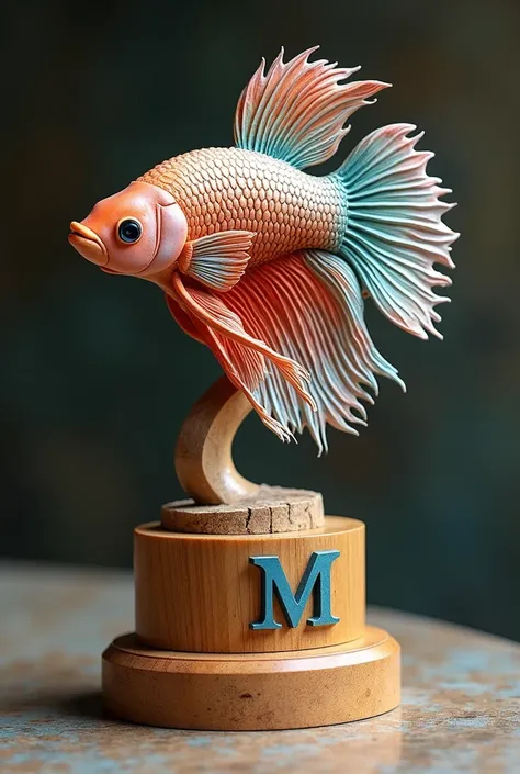 The trophy is made of wood and betta fish carving, airbrush color ,text M 