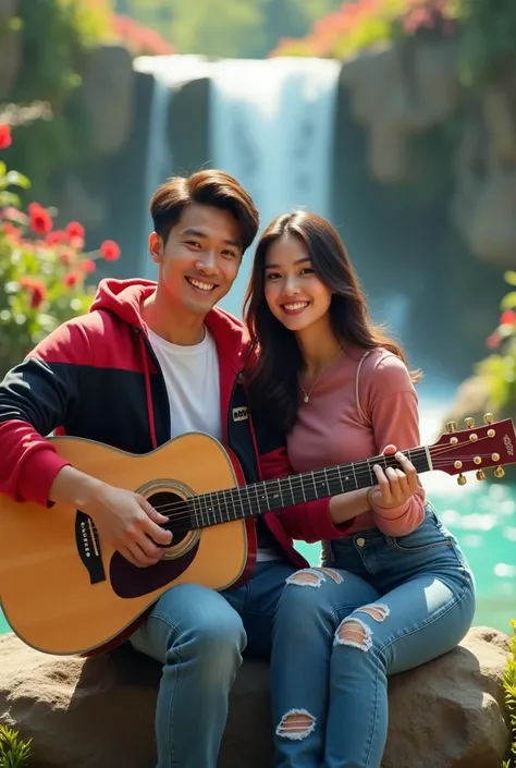 handsome indonesian man, wearing a white shirt, red and black gradient hoodie jacket, jeans with Orshida written on them she smiles and sits on a giant rock, while the man plays the guitar and the background is colorful garden and waterfall,  their faces l...