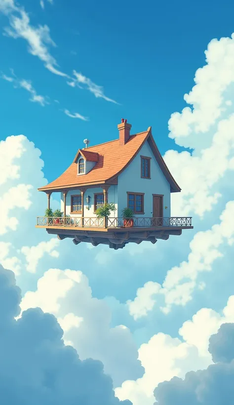 A small cozy house floating in the sky among clouds, in an anime style, with a white and blue color theme, with books on shelves inside, in the style of Makoto Shinkai, and in the style of Studio GSENSOR.