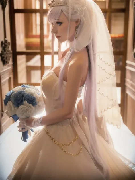 Belfast (azur lane) ，((Masterpiece)), (((Best quality))), ((Ultra-detailed)), ((illustration)), ((Disheveled hair)), ((frilld)), (1 girl), (Solo),1girl, artist name, bare shoulders, blue eyes, book, bookshelf, bouquet, breasts, bridal veil, bride, dress, f...