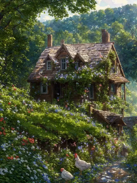 a close up of a house with chickens in a field, cottagecore!!, cottagecore, cottage in the woods, idyllic cottage, beautiful house on a forest path, farmhouse, cottage in the forest, beatiful house, cottagecore hippie, cottagecore flower garden, in a cotta...