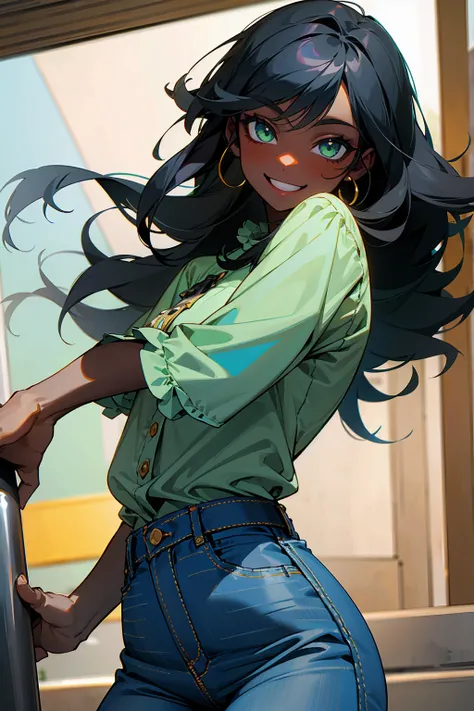 1Female, Young Adult, Black Skin, Light Green Eyes, Smile, Denim Jeans, Frilled Multi-Colored Shirt, Black Hair, Long Hair, House