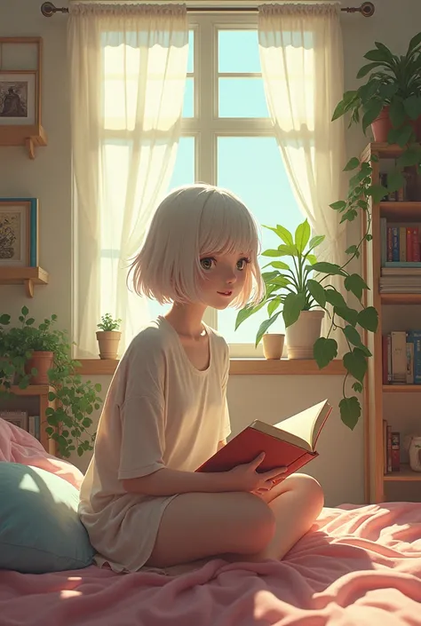 Un paysage lo-fi aesthetic anime dans une chambre avec une personne androgyne au cheveux court en train de lire