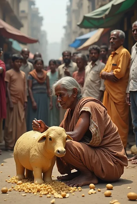 A Indian poor woman is making a big cow out of potato on road people are watching