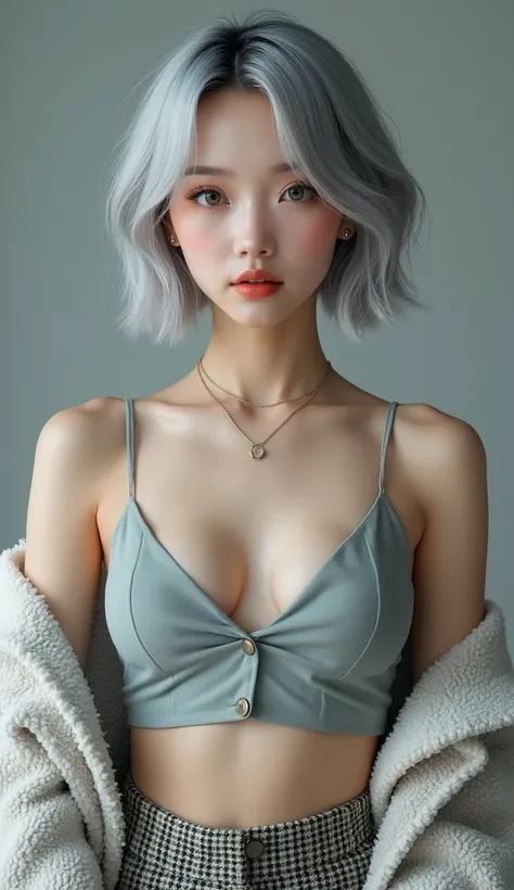 (8k, Photorealistic, Original photo, Highest quality: 1.4),Japanese idol-style beautiful girl,1,Model,1 person,(Short Bob),(Silver Hair),She has her hair tucked behind her ears,Clear grey eyes,Long eyelashes,(piercings(small)),(Lip gloss),lips(Plump,glossy...