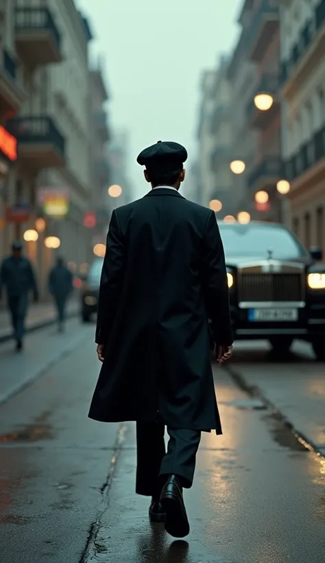 Back view of Indian 1 boy walks in Russian  street with passion and revenge vibes, he were black long russian suit and cap, back ground is having energetic thriller and action vibe , in background there is also a black rolls Royce car is going,,that man is...