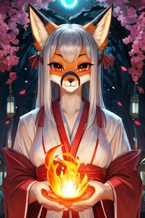 ((furry))、[[woman]]、Mature woman、Mysterious、fox、Beautiful face、((Long muzzle))、Fox Nose、Fox Face、Mysterious look、Slit eyes、Narrow eyes、Small eyes、Long eyelashes、Mysterious expression、silver straight hair、Fox skin color、fox hairy hand、Shrine maiden costume、...