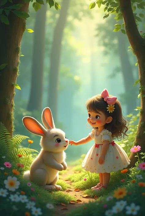 A girl and a little rabbit in a forest