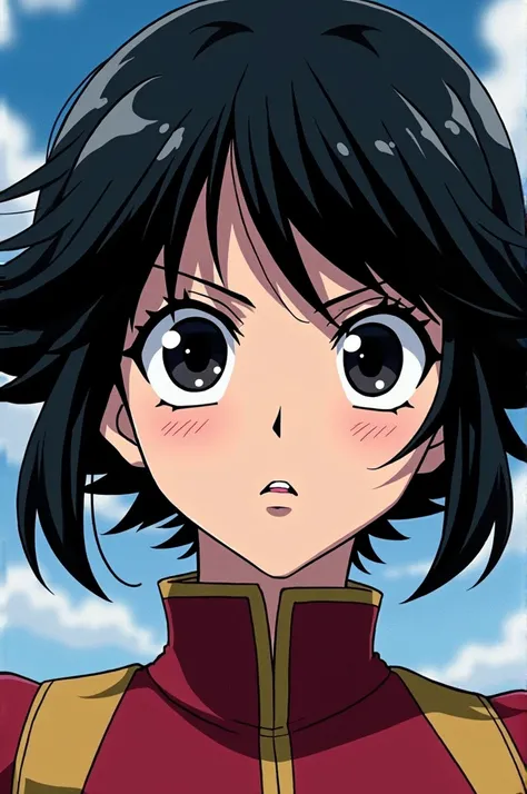 Boko no hero academia comics panel of a female. she has black short pigtails Center-parted bangs hair, and black eyes. 