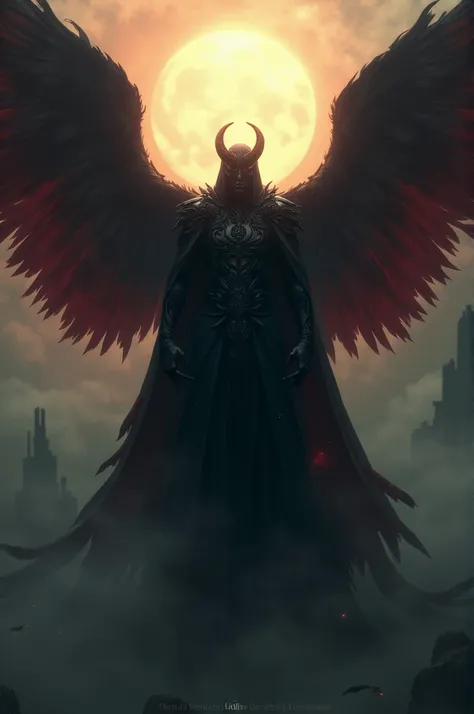 A dark, mysterious figure with black and red tones, symbolizing Lucifer, the fallen angel. His wings are large and dark, with a background showing the light of Heaven fading as he descends into darkness.