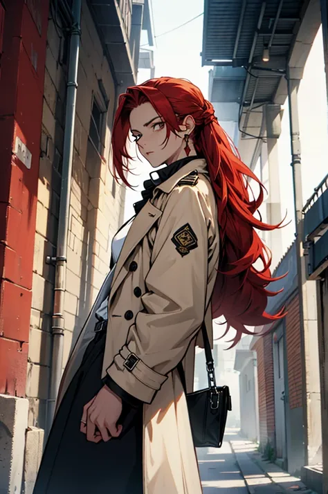 generates a character with a trench coat and white clothes, with long red hair pulled back, a look that sows fear, an age of approximately 25 years and details of golden chains 