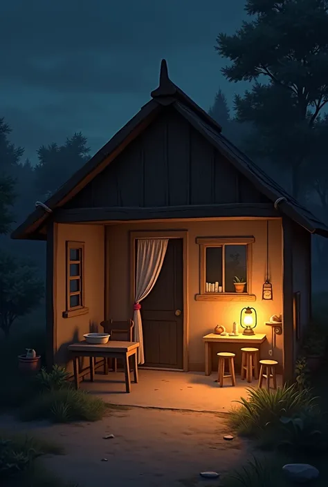 The same modest house from the first scene, now lit with warm, soft lights like lanterns or a single bulb. The warm, golden glow adds to the feeling of comfort and love despite the hard life. Simple furniture like a wooden table, a couple of stools, and so...