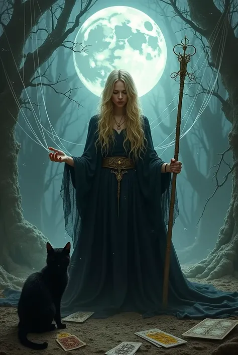 Blonde witch with a black cat in a mysterious environment showing the magic moon, spider webs,  tarot cards