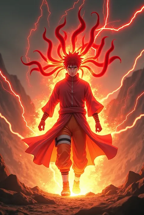 Naruto baryon entouré dune aura rouge et dorée intense. Ses yeux brillent dune énergie surnaturelle,neuf queue rouge créer par son aura  et son corps semble être en fusion avec une énergie brute, donnant limpression quil est en train de brûler de lintérieu...